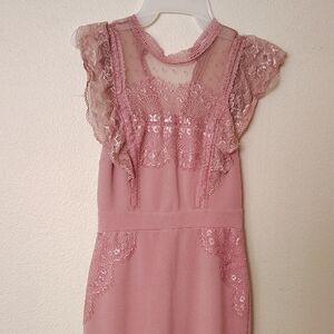 Pink Ruffled Tiered Sheath Dress with Flutter Sleeves